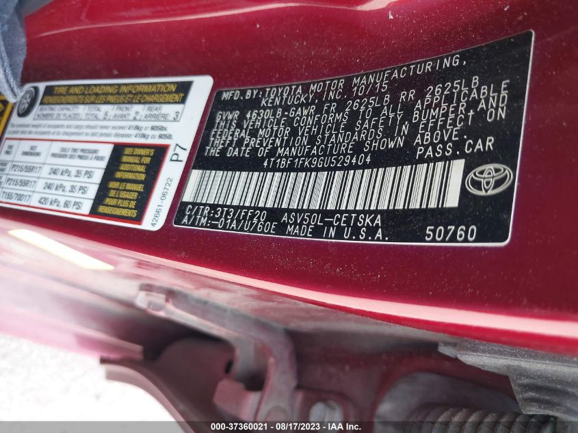 2016 TOYOTA CAMRY LE/XLE/SE/XSE - 4T1BF1FK9GU529404