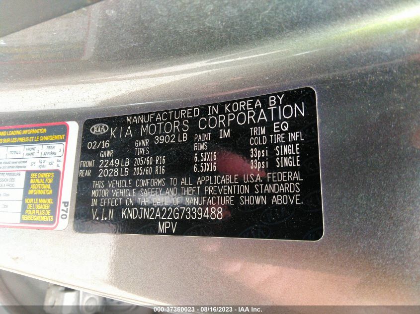 2016 KIA SOUL BASE - KNDJN2A22G7339488