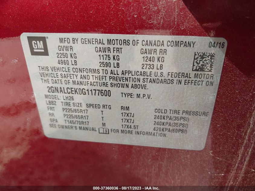 2016 CHEVROLET EQUINOX LT - 2GNALCEK0G1177600
