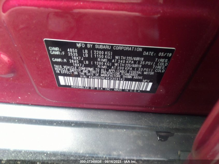 2019 SUBARU OUTBACK LIMITED - 4S4BSENC4K3359142