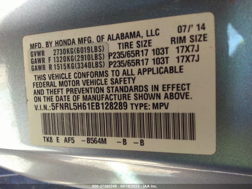 2014 HONDA ODYSSEY EX-L - 5FNRL5H61EB128289