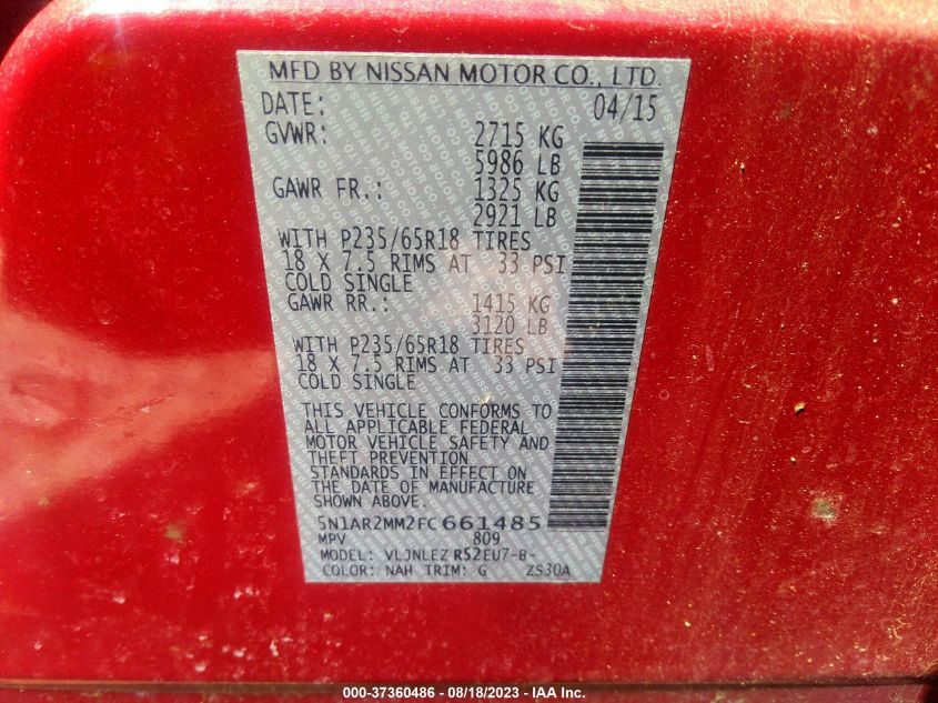 2015 NISSAN PATHFINDER PLATINUM/SV/SL/S - 5N1AR2MM2FC661485