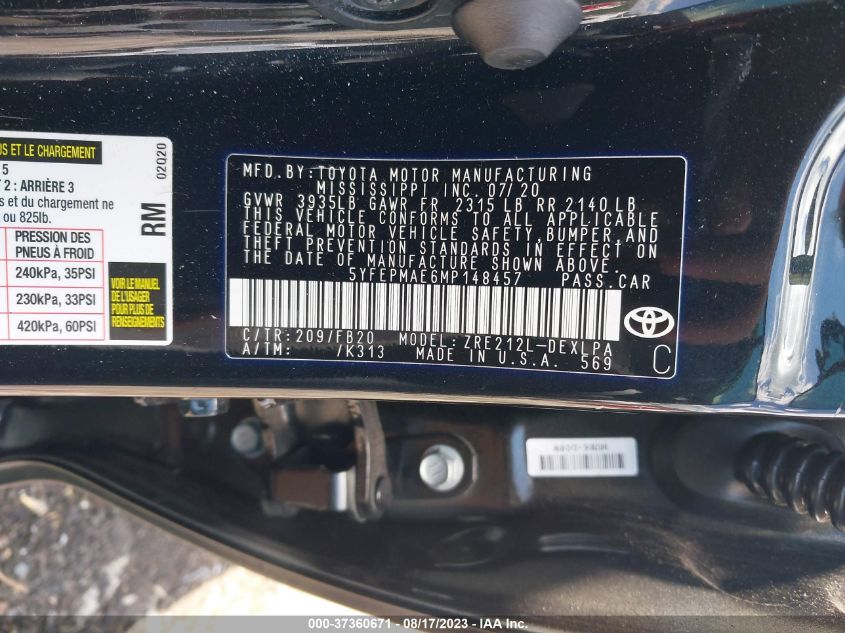2021 TOYOTA COROLLA LE - 5YFEPMAE6MP148457