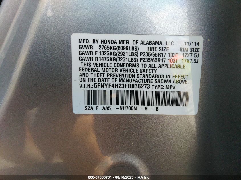 2015 HONDA PILOT LX - 5FNYF4H23FB036273