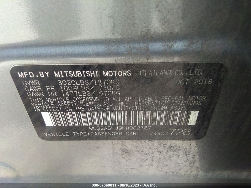 2019 MITSUBISHI MIRAGE GT/LE - ML32A5HJ9KH002787