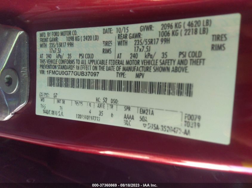 2016 FORD ESCAPE SE - 1FMCU0G77GUB37097