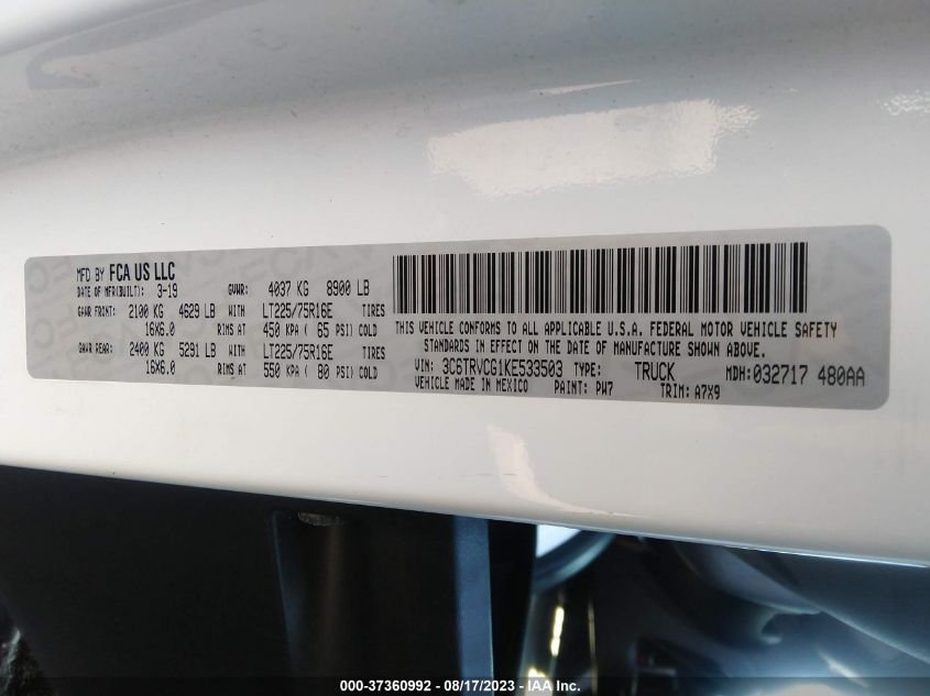 2019 RAM PROMASTER CARGO VAN - 3C6TRVCG1KE533503