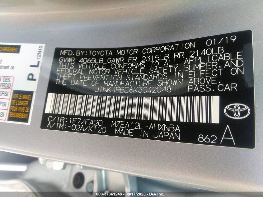 2019 TOYOTA COROLLA HATCHBACK SE/XSE JTNK4RBE6K3042048