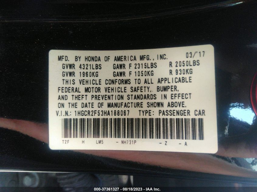 2017 HONDA ACCORD SEDAN SPORT - 1HGCR2F53HA188067