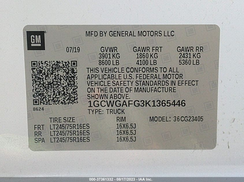 2019 CHEVROLET EXPRESS CARGO VAN - 1GCWGAFG3K1365446