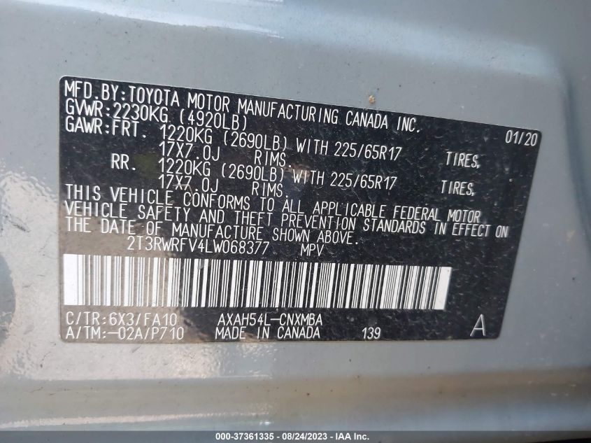 2020 TOYOTA RAV4 HYBRID XLE - 2T3RWRFV4LW068377