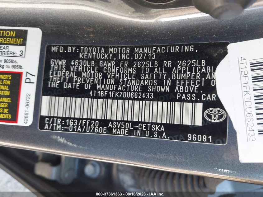 2013 TOYOTA CAMRY L/LE/SE/XLE - 4T1BF1FK7DU662433