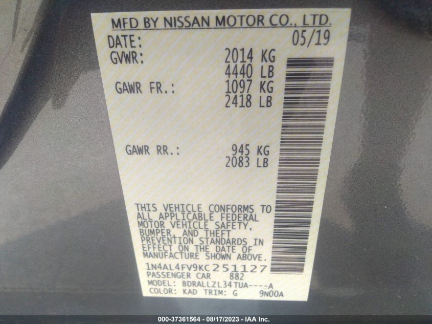 2019 NISSAN ALTIMA 2.0 PLATINUM - 1N4AL4FV9KC251127