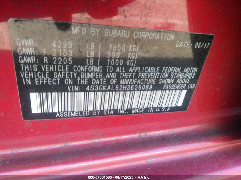 VIN 4S3GKAL62H3626089 2017 SUBARU IMPREZA SPORT