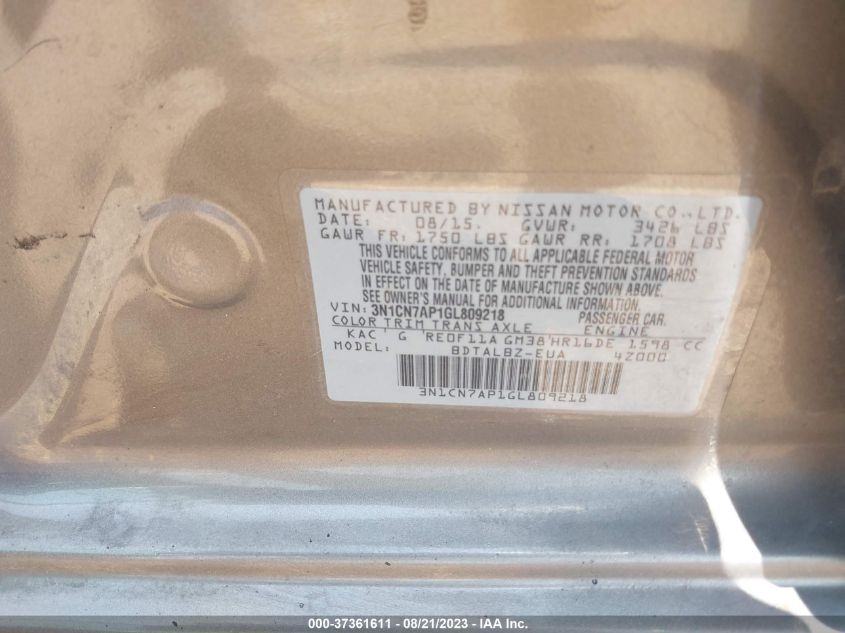 2016 NISSAN VERSA S/S PLUS/SL/SV - 3N1CN7AP1GL809218