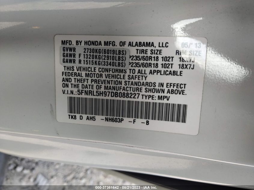 2013 HONDA ODYSSEY TOURING - 5FNRL5H97DB088227