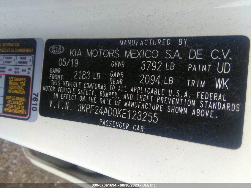 2019 KIA FORTE LXS - 3KPF24AD0KE123255