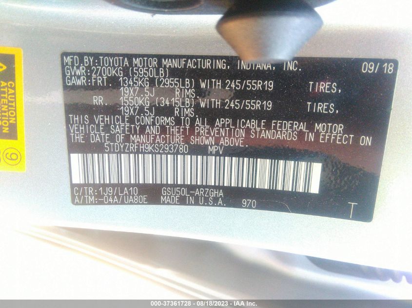 2019 TOYOTA HIGHLANDER LIMITED - 5TDYZRFH9KS293780