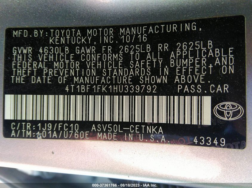 2017 TOYOTA CAMRY XLE/SE/LE/XSE - 4T1BF1FK1HU339792