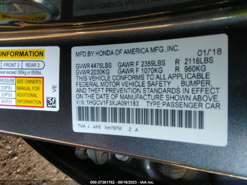 2018 HONDA ACCORD SEDAN SPORT 1.5T - 1HGCV1F3XJA091183