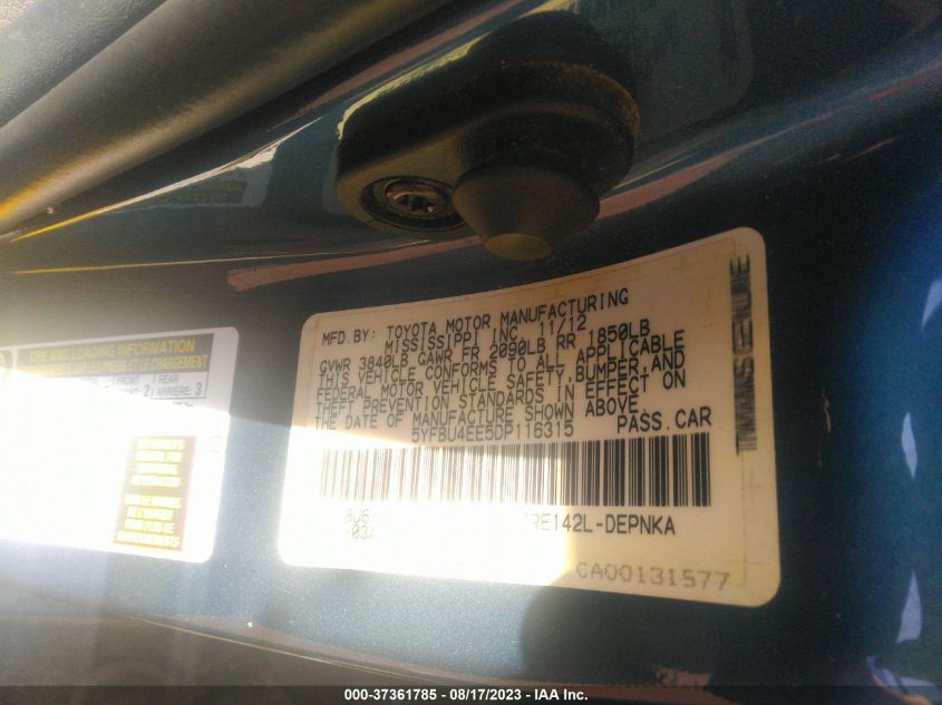 2013 TOYOTA COROLLA L/LE/S - 5YFBU4EE5DP116315