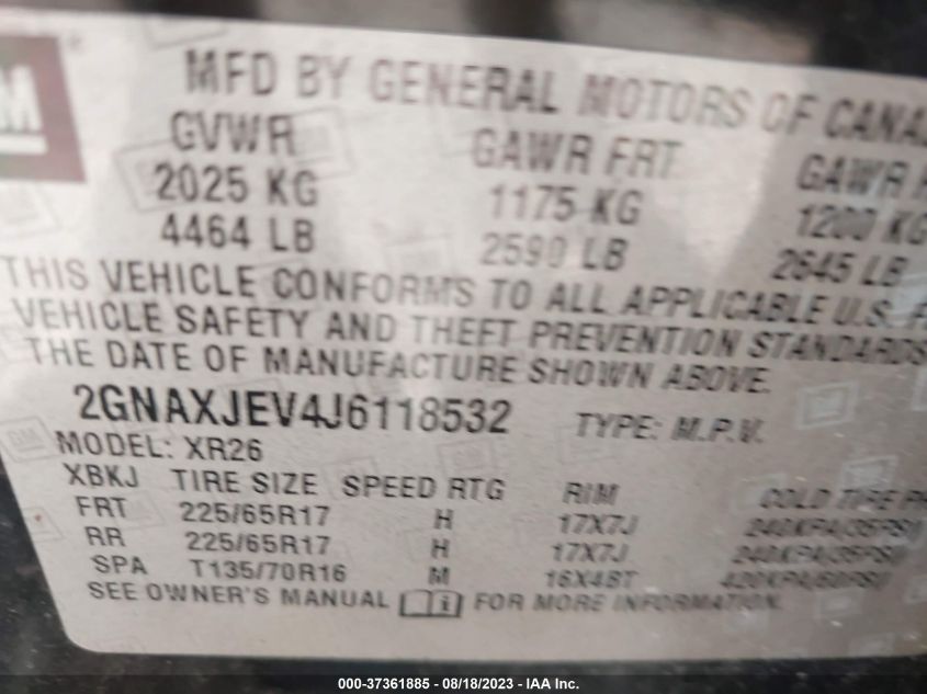 2018 CHEVROLET EQUINOX LT - 2GNAXJEV4J6118532