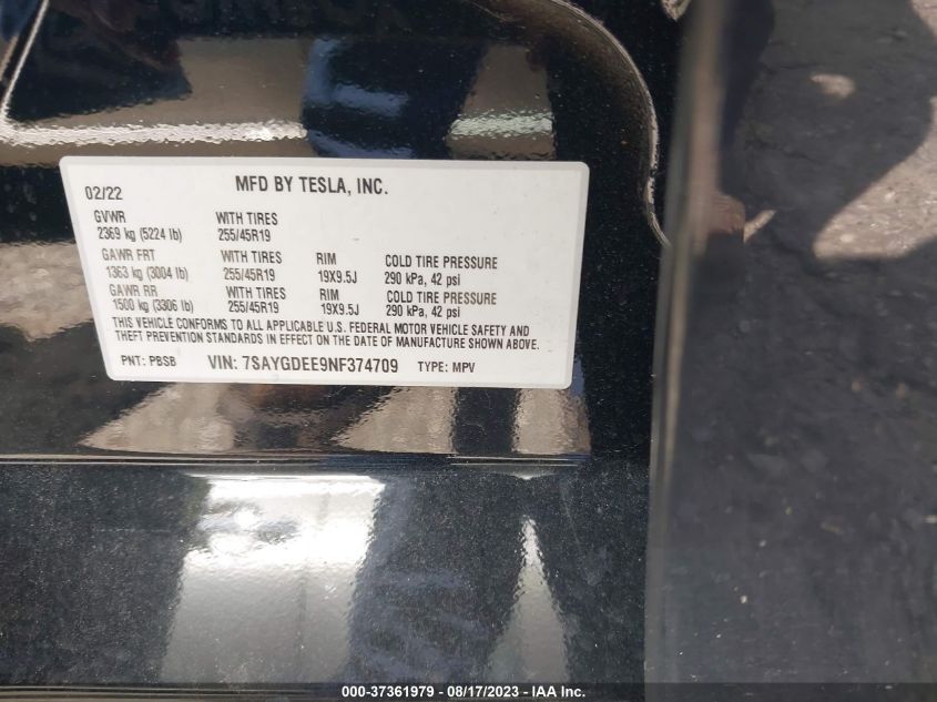 2022 TESLA MODEL Y LONG RANGE - 7SAYGDEE9NF374709