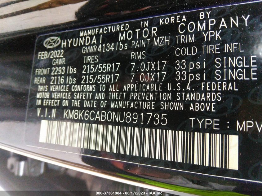 2022 HYUNDAI KONA SEL - KM8K6CAB0NU891735