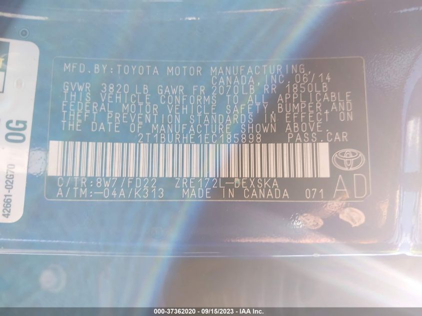2014 TOYOTA COROLLA L/LE/LE PLS/PRM/S/S PLS - 2T1BURHE1EC185898