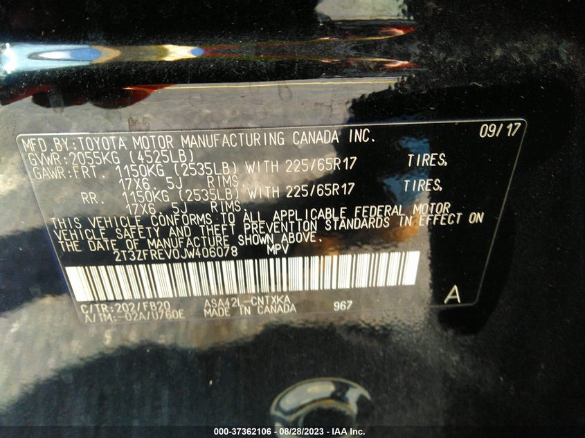 VIN 2T3ZFREV0JW406078 2018 TOYOTA RAV4 LE