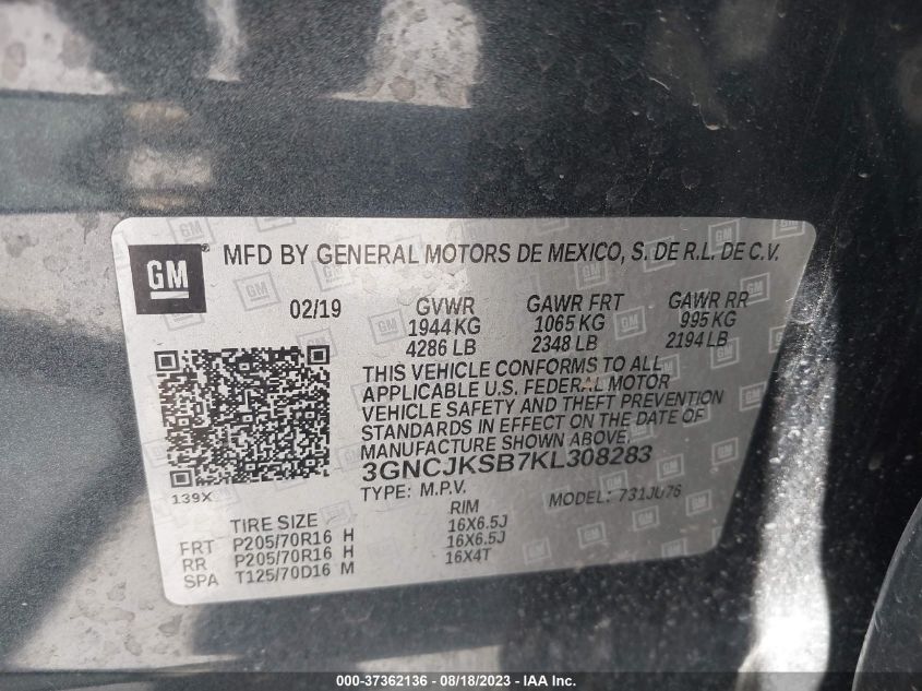 3GNCJKSB7KL308283 Chevrolet Trax LS 9