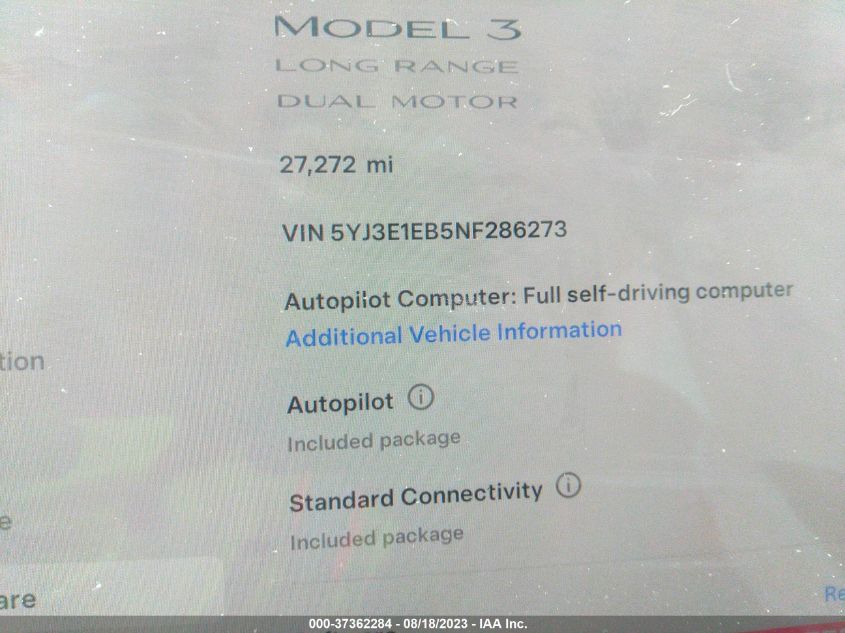 2022 TESLA MODEL 3 LONG RANGE - 5YJ3E1EB5NF286273
