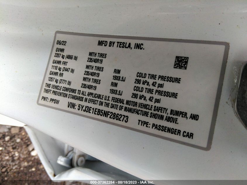 2022 TESLA MODEL 3 LONG RANGE - 5YJ3E1EB5NF286273