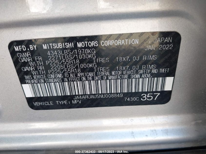 2022 MITSUBISHI OUTLANDER SPORT ES/LE/SE - JA4ARUAU5NU008849