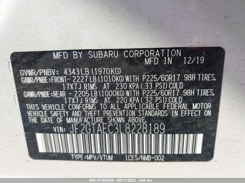 2020 SUBARU CROSSTREK PREMIUM - JF2GTAEC3L8228189
