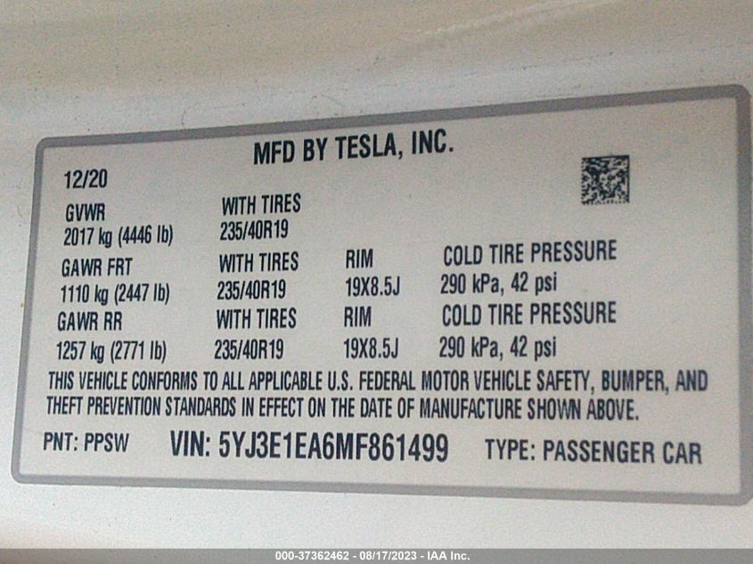 2021 TESLA MODEL 3 - 5YJ3E1EA6MF861499