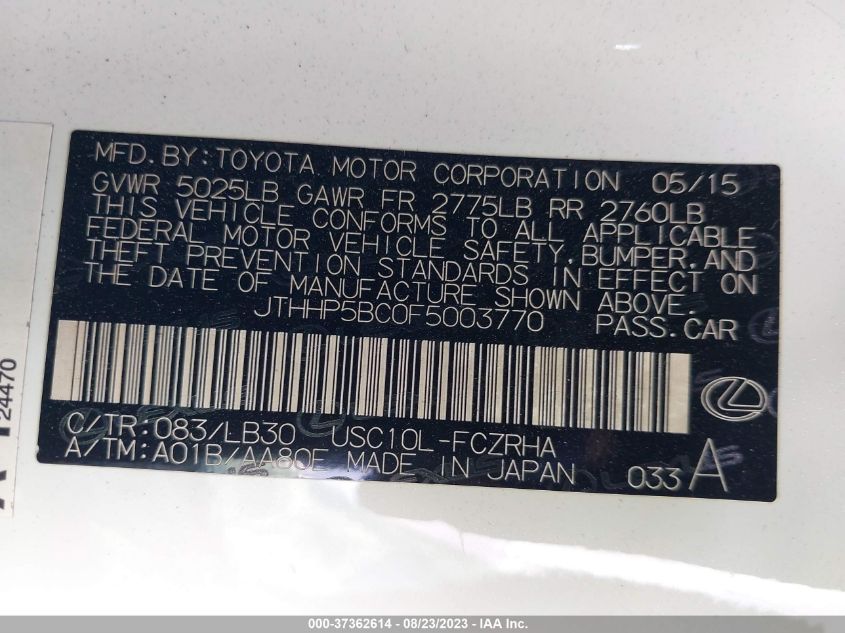2015 LEXUS RC F JTHHP5BC0F5003770