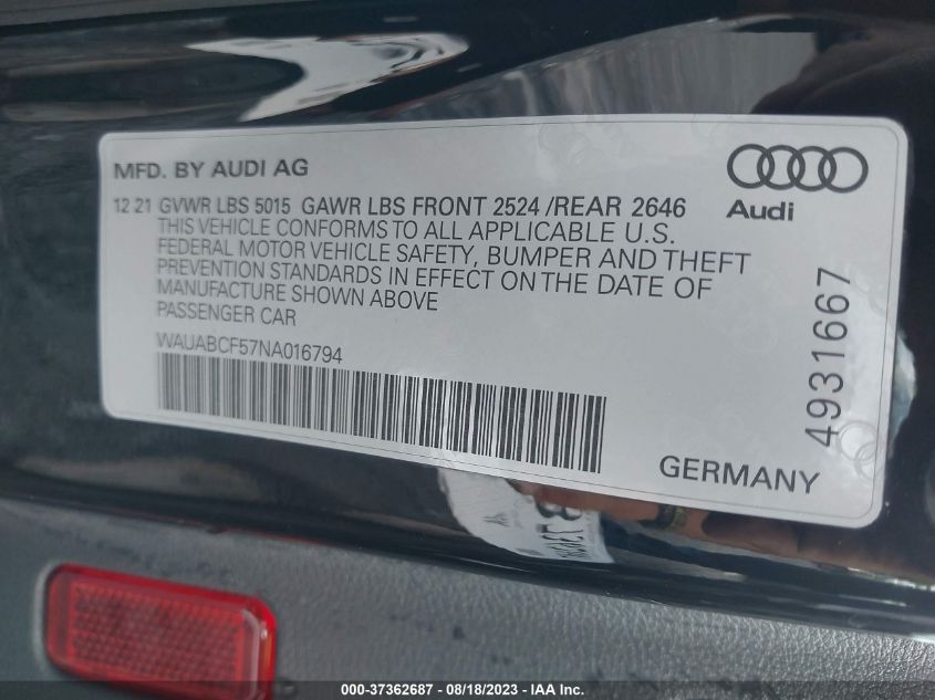 WAUABCF57NA016794 Audi A5 Sportback PREMIUM 9