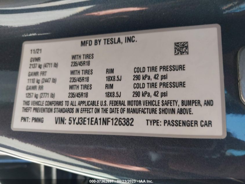2022 TESLA MODEL 3 - 5YJ3E1EA1NF126382