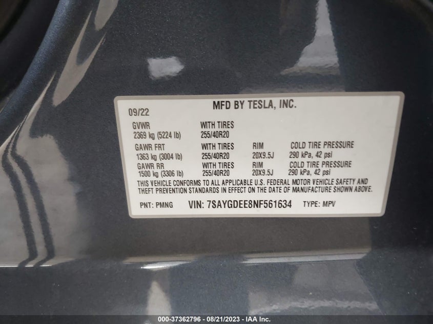 VIN 7SAYGDEE8NF561634 2022 TESLA MODEL Y