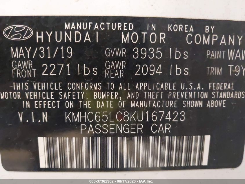 2019 HYUNDAI IONIQ HYBRID BLUE - KMHC65LC8KU167423