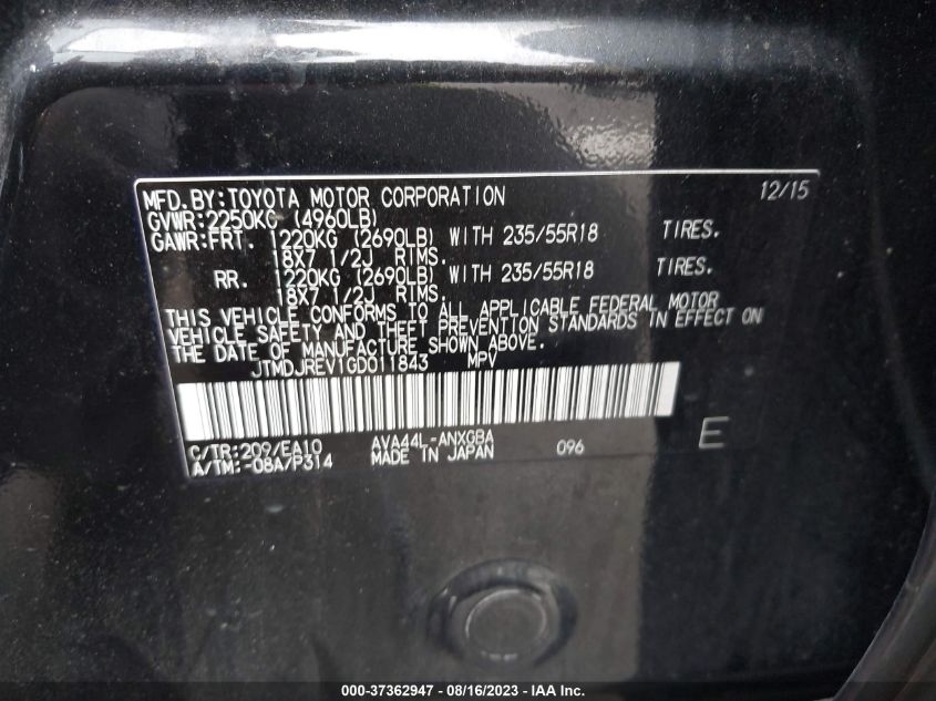 2016 TOYOTA RAV4 HYBRID LIMITED JTMDJREV1GD011843