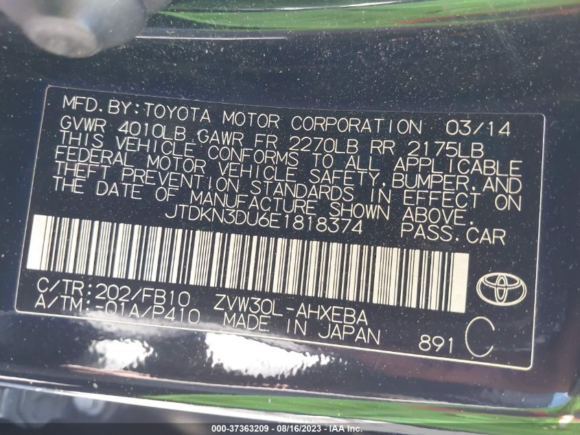 2014 TOYOTA PRIUS FOUR/FIVE/THREE/ONE/TWO - JTDKN3DU6E1818374
