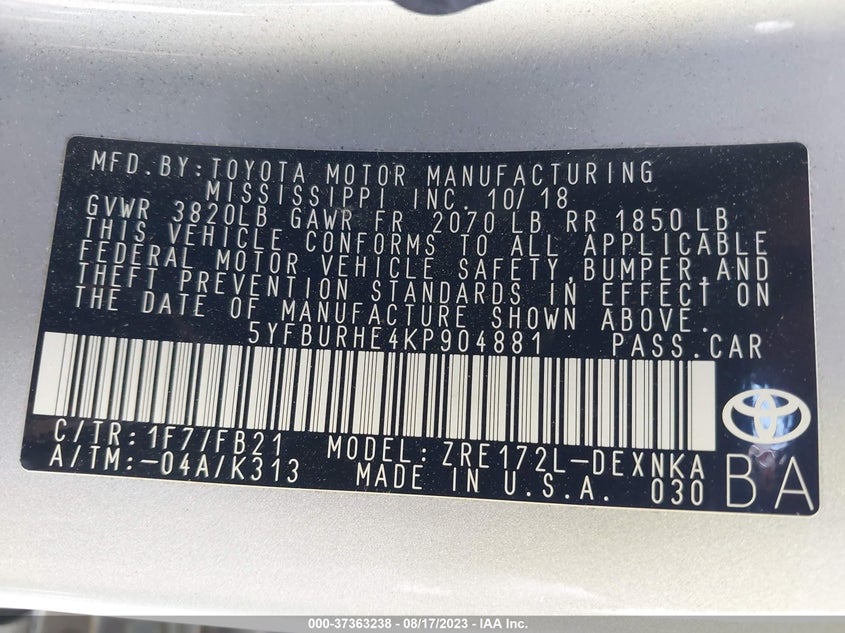 VIN 5YFBURHE4KP904881 2019 TOYOTA COROLLA L/LE/SE/XLE/XSE
