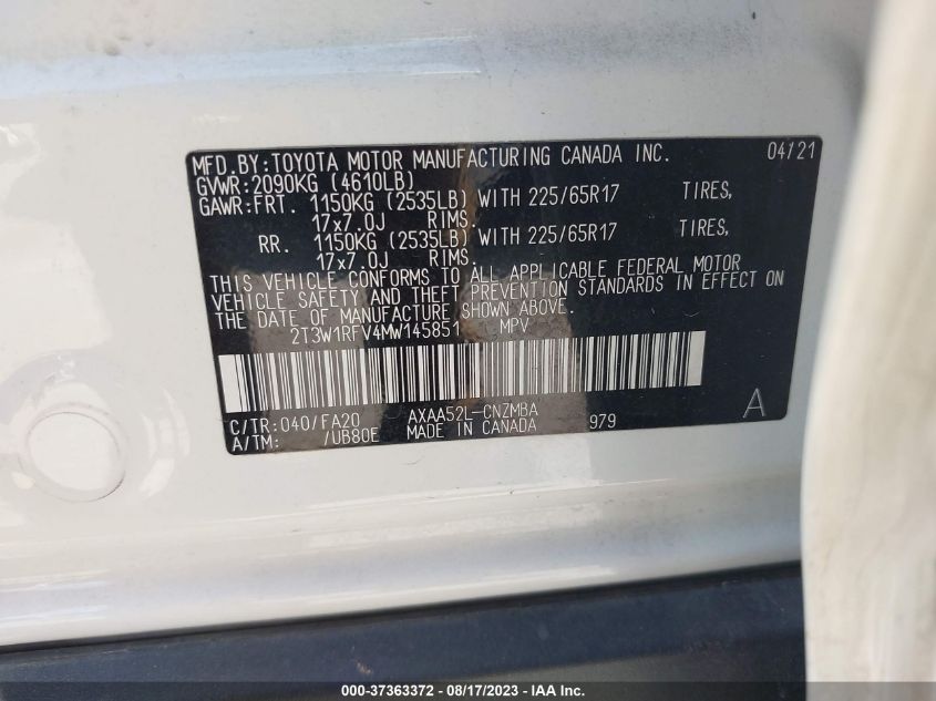 2021 TOYOTA RAV4 XLE/XLE PREMIUM - 2T3W1RFV4MW145851
