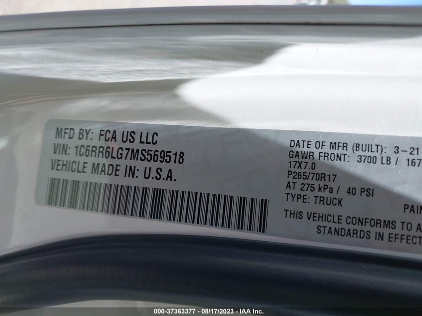 VIN 1C6RR6LG7MS569518 2021 RAM 1500 CLASSIC SLT/WARLOCK