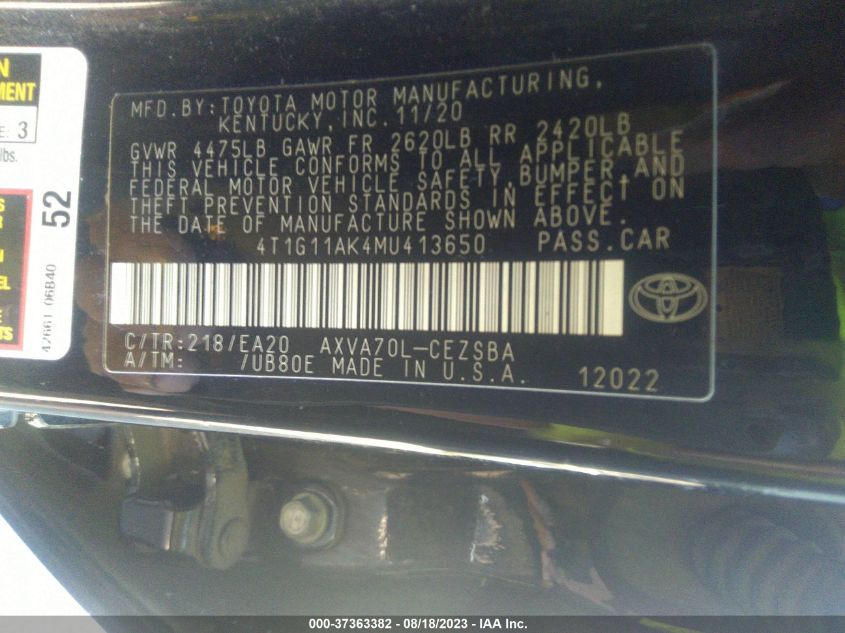 2021 TOYOTA CAMRY SE - 4T1G11AK4MU413650