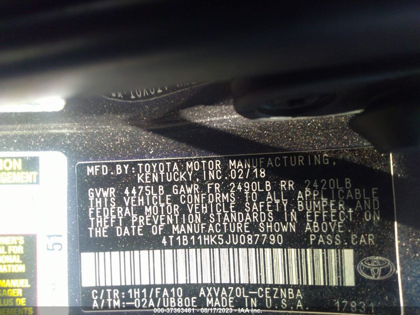 2018 TOYOTA CAMRY LE/SE/XLE/L - 4T1B11HK5JU087790