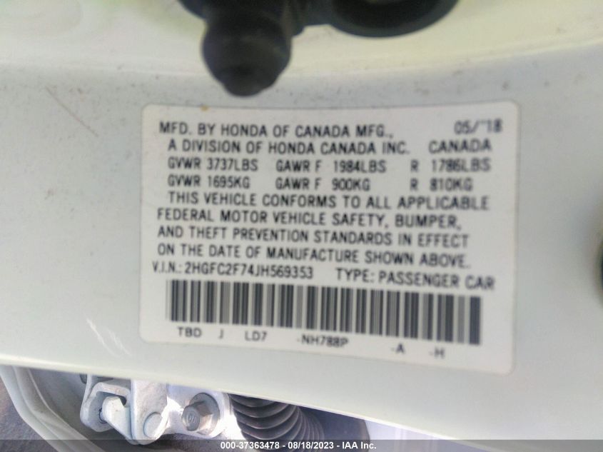 2018 HONDA CIVIC SEDAN EX - 2HGFC2F74JH569353
