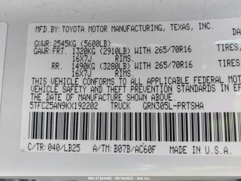 2019 TOYOTA TACOMA 4WD SR/SR5/TRD SPORT - 5TFCZ5AN9KX192202